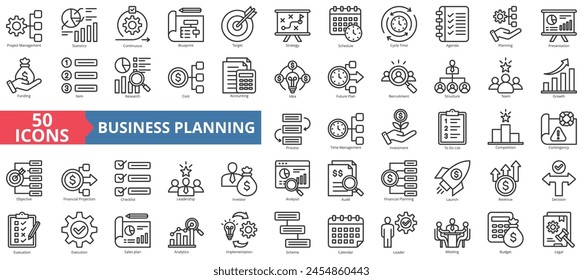 Business planning icon collection set. Containing project management, statistics, continuous, blueprint, target, strategy, schedule icon. Simple line vector.