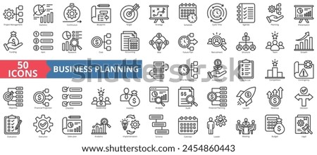 Business planning icon collection set. Containing project management, statistics, continuous, blueprint, target, strategy, schedule icon. Simple line vector.