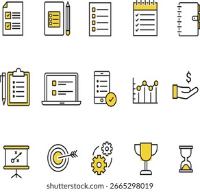 Business and planning icon set featuring checklist, notebook, charts, target, and trophy. Perfect for project management, goal tracking, corporate strategy, and success visualization