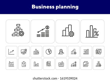 Business planning icon. Set of line icon on white background. Analytics, recruitment, finding solution. Marketing concept. Vector illustration can be used for topic like business, management, analysis