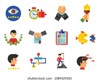 Business Planning Icon Set. Report Budget Commitment Achievement Self Esteem Solution Star Employee Struggle Motivation Merger And Acquisition Algorithm Vision Quality Management