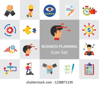 Business Planning Icon Set. Report Budget Commitment Achievement Self Esteem Solution Star Employee Struggle Motivation Merger And Acquisition Algorithm Vision Quality Management