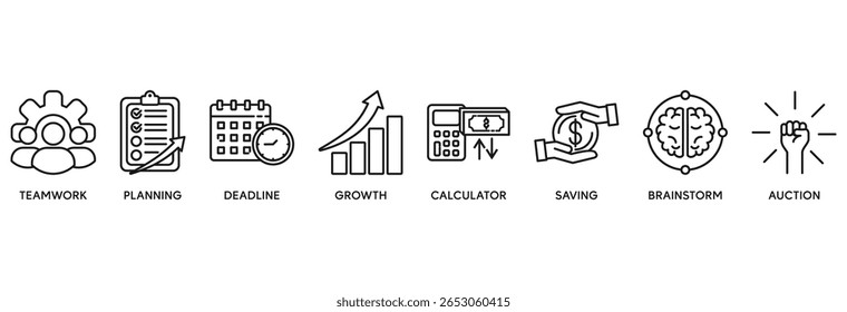 Business planning icon set vector illustration concept relate to teamwork, planning, deadline, growth, calculator, saving, brainstrom, auction