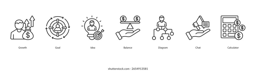 Conjunto de iconos de planificación empresarial Crecimiento de Ilustración vectorial, objetivo, idea, equilibrio, diagrama, chat, calculadora