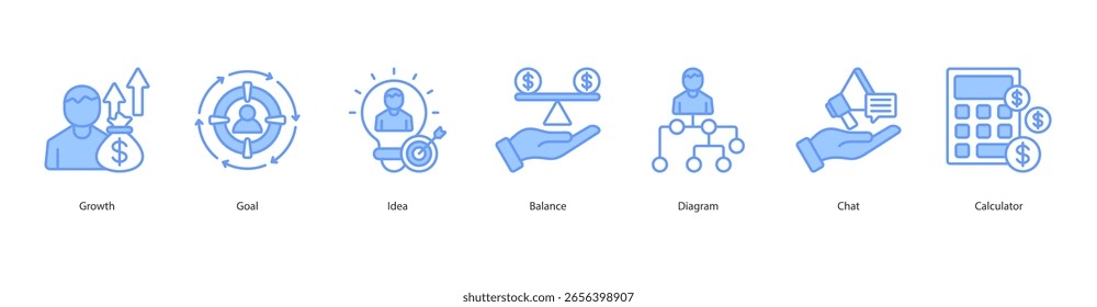 ícone Planejamento de negócios definir crescimento de ilustração vetorial, meta, ideia, equilíbrio, diagrama, bate-papo, calculadora