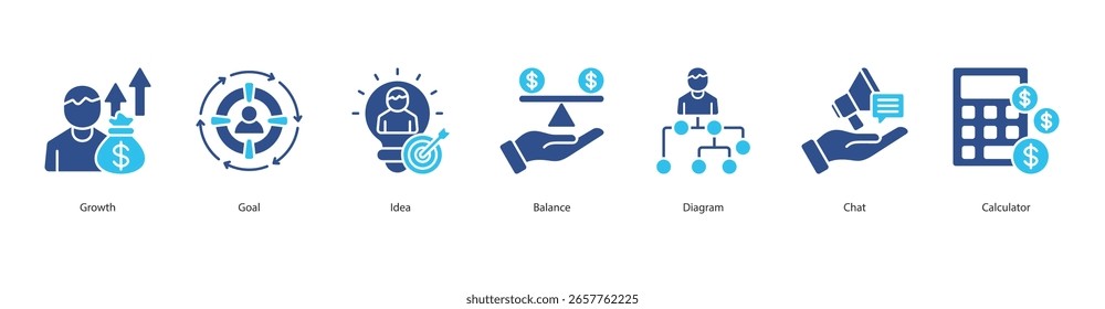 Conjunto de iconos de planificación empresarial Crecimiento de Ilustración vectorial, objetivo, idea, equilibrio, diagrama, chat, calculadora