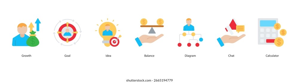 Conjunto de iconos de planificación empresarial Crecimiento de Ilustración vectorial, objetivo, idea, equilibrio, diagrama, chat, calculadora