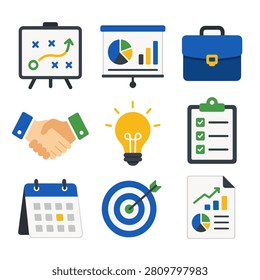 Business planning icon set with whiteboard handshake lightbulb calendar target clipboard and report for app website infographic and management design