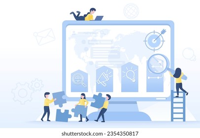 Business planning ideas. Business people working together to achieve success. Set goal, planning, tactical management, creativity ideas, thinking, brainstorming. Flat vector design illustration.