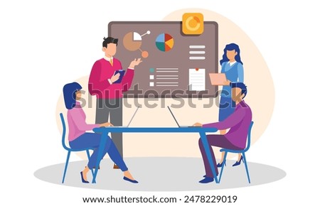 Business Planning Illustration concept. Flat illustration isolated on white background.Team members help to generate ideas,share thoughts,opinion to others.Team leader discuss about various concepts.