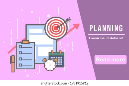 Illustration zur Unternehmensplanung. Vektor Website-Landing-Seite. Bannervorlage. Zielsetzung und grafisches Design für Tracking. 