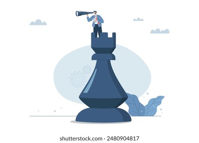 Business planning for leaders, Constant search for opportunities, Business strategy vision, Businessman standing on rook chess piece with binoculars for business vision, Vector design illustration.