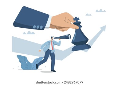 Business planning for leaders, Constant search for opportunities, Business strategy vision, Businessman standing next to chess pieces with binoculars for business vision. Vector design illustration.