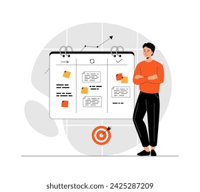 Business planning. Man planning tasks, appointment or assignment in a planner. Time organization for performance efficiency. Illustration with people scene in flat design for website or mobile develop