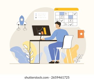 Planificación empresarial, Multitarea, Gestión del tiempo. Programación de procesos de trabajo en oficina. Ilustración vectorial plana.	
