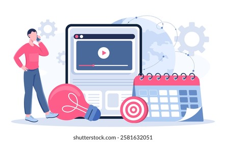 Business planning online. Man with light bulb near calendar. Planning and goal setting, time management. Scheduling and deadline settings. Organizing efficient work process. Flat vector illustration