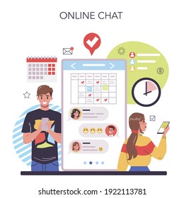 Business planning online service or platform. Setting a goal or target and following schedule. Idea of planning and organization. Online chat. Flat vector illustration