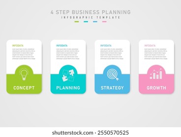 Business planning options template infographic The white square at the top has text in the middle. Below the multi-colored squares are white icons and gray gradient background.