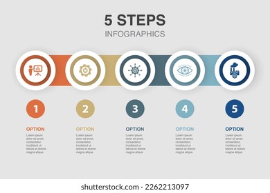 Planificación de negocios, proceso, administración, visión, producción, iconos Plantilla de diseño de infografía. Concepto de presentación creativa con 5 pasos