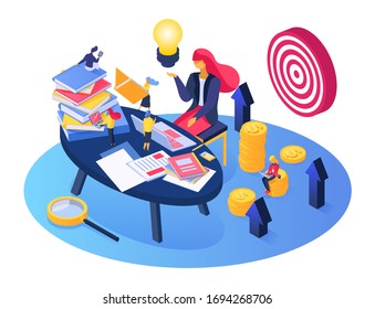 Ilustración vectorial del proceso de planificación empresarial. Caricatura de personas pequeñas trabajando en laptop, lluvia de ideas juntas, la mujer de negocios que resuelve el problema. Icono de concepto de plan de negocios aislado en blanco