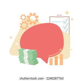 Business planning quote textbox with flat objects. Boost income. Financial success. Management. Speech bubble with editable cartoon illustration. Creative quotation isolated on white background