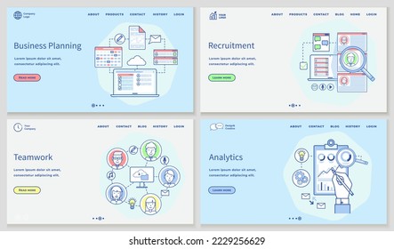 Business planning, recruitment, teamwork, analytics landing page template set. Business organization, information content. Monitoring investment, team management. Finance report and planning