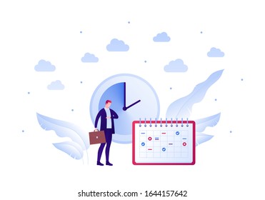 Business planning schedule concept. Vector flat people illustration. Businessman with briefcase in suit watching clock. Calendar planner symbol. Design element for banner, poster, background.