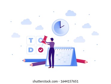 Business planning schedule concept. Vector flat people illustration. Woman holding pin on todo text. Pen, clock and calendar planner sign. Design modern element for banner, poster, background.