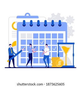 Business planning, schedule, work control concept with tiny character. People with a phone checks the list of plans and pencil makes notes flat vector illustration. Management, organization metaphor.