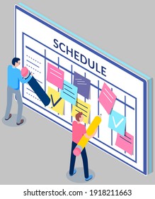 Business planning and scheduling concept. Group of employee stick papers with schedule for week. Timetable with to-do plans. Guys with pencils fill out schedule. Agenda reminder vector illustration