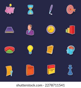 Business planning set stikers collection vector with shadow on purple background