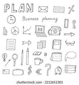 Business planning set vector illustration, hand drawing doodles