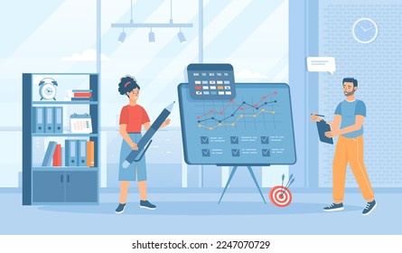 Business planning. Strategy and analyzing project. Financial repot and successful business development.Flat cartoon vector illustration with people characters for banner, website design, landing page