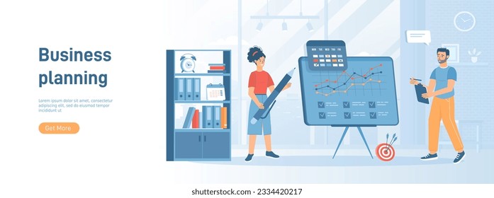 Planificación empresarial. Estrategia y análisis del proyecto. Informe financiero y desarrollo empresarial exitoso. Concepto plano para material promocional en medios sociales. Banner del sitio web sobre fondo blanco.