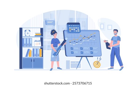 Business planning. Strategy and analyzing project. Financial repot and successful business development. Vector illustration with characters in flat design for web banner.	
