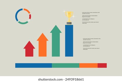Business planning strategy annual report concept vector illustration colorful pie chart bar diagram arrow text growth winner cup increase success for presentation marketing web banner background