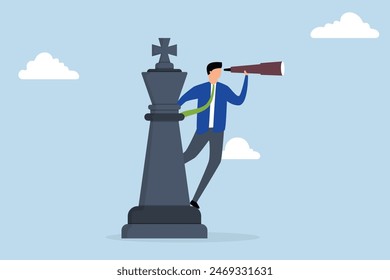 Business planning strategy, businessman manager standing on king chess piece using telescope to see business vision.