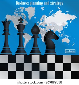 Business planning and strategy. The chess pieces on the world map. Business Management and achievements. Smart Business solutions. Generating Business ideas, Business color flat image Business concept