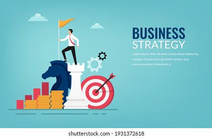 Business and planning strategy concept. Successful businessman standing on chess pieces vector illustration.