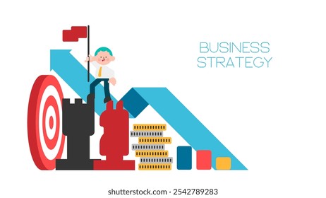 Business and planning strategy concept. Successful businessman standing on chess pieces vector illustration.