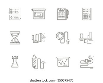 Business planning and strategy concept. Time management, new ideas, accounting, promotion and analysing. Flat thin line style vector icons set. Design elements for website, mobile and business.