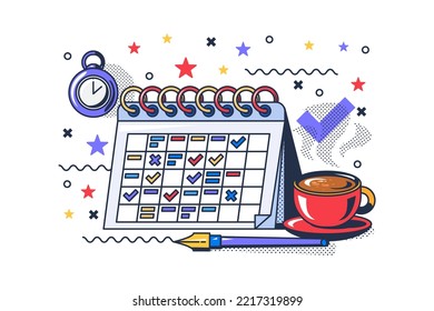 Business planning strategy and monthly goal vector. Calendar and ink pen for note plan, coffee energy drink cup and stopwatch. Businessman accessory for think organization flat cartoon illustration