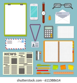 Business planning table with big set of office supplies. Open spiral notebook, clipboard, glasses, wristwatch, smartphone, envelope with letter and post it notes. Flat style EPS10 vector illustration.