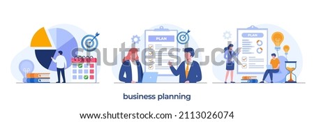 business planning, target, business workflow, time management, planning, task app, teamwork, meeting. Creative flat design for web banner, marketing material, business presentation.