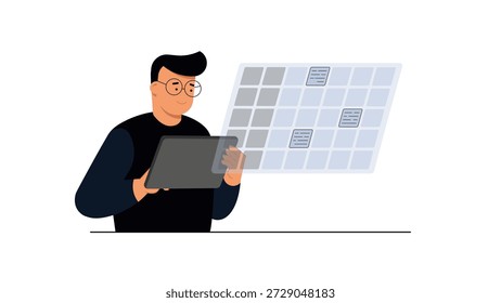 Business Planning and Task Management Concept with Calendar Interface and Tablet — Vector Illustration. Modern flat vector illustration of a business professional using a tablet and interacting with a digital calendar interface. Concept of business planning, task scheduling, time management, productivity, and workflow organization. Clean minimalist corporate style on a white background, suitable for presentations, websites, dashboards, and marketing materials. 