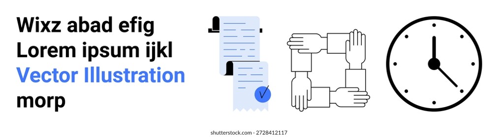 Planejamento de negócios, trabalho em equipe, colaboração, comunicação eficiente, verificação de documentos, controle de tempo. Inclui documentos empilhados, mãos interconectadas e um relógio. Planejamento de negócios