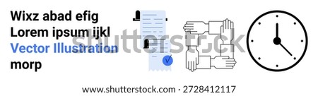 Business planning, teamwork, collaboration, efficient communication, document verification, time tracking. Includes stacked documents, interconnected hands and a clock. Business planning