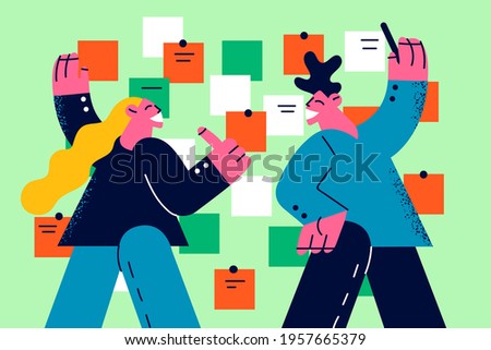 Business planning and teamwork concept. Young smiling man and woman Business colleagues discussing future priorities and projects together vector illustration 