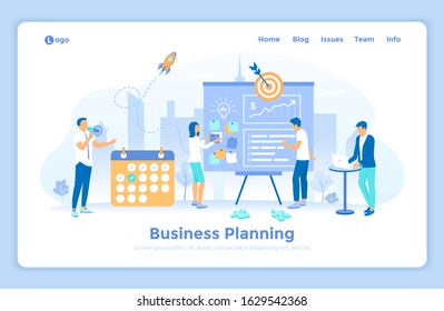 Business planning, teamwork, management, organization control, success strategy. People work together making a plan on a board, mark tasks, track execution of tasks. landing web page design template 