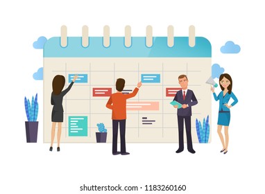 Business planning, teamwork, organization workflow and planning tasks, time control, deadline. Time management, control over activities, personnel management. Vector illustration.
